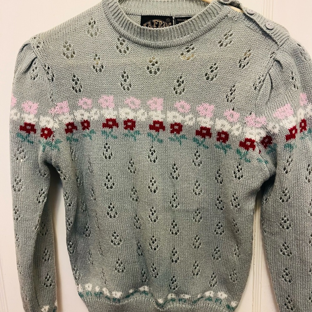 Vintage 80s Light Gray Floral Knit Sweater - Women's Medium Grannycore